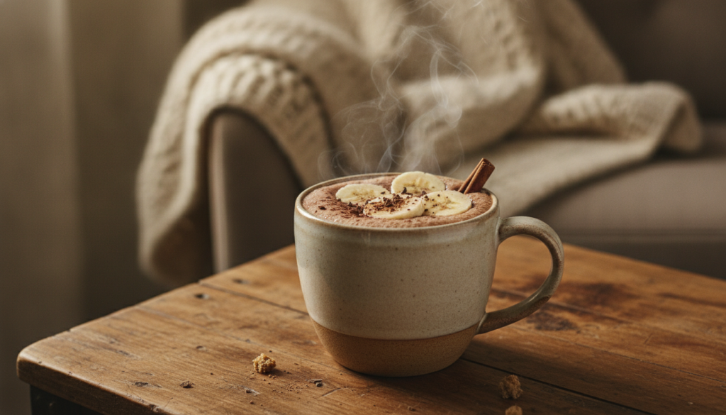 A warm steaming mug of banana milk and cocoa drink garnished slightly on a cozy surface like a wooden table with a soft 