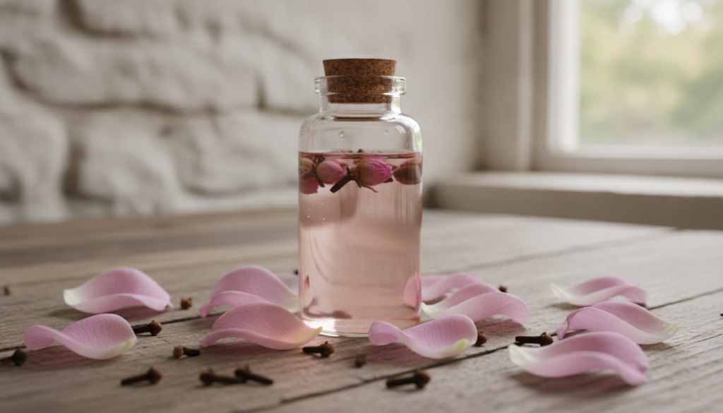 A small glass bottle containing a light pink rose water and visible cloves inside placed on a light wooden surface with 