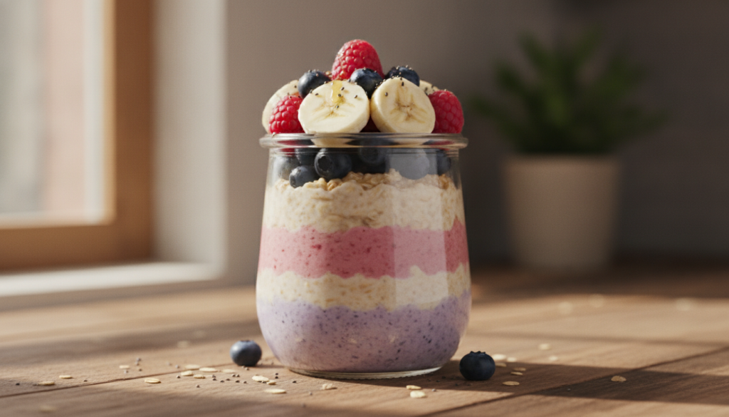 A glass jar filled with layers of creamy overnight oats topped with fresh fruit like berries and banana slices and a spr