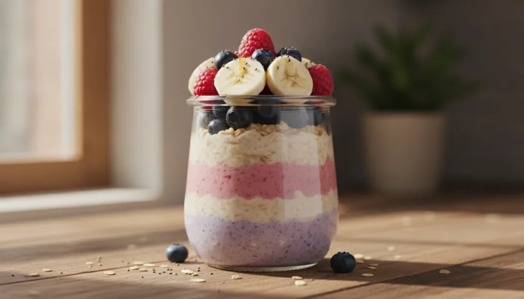 A glass jar filled with layers of creamy overnight oats topped with fresh fruit like berries and banana slices and a spr