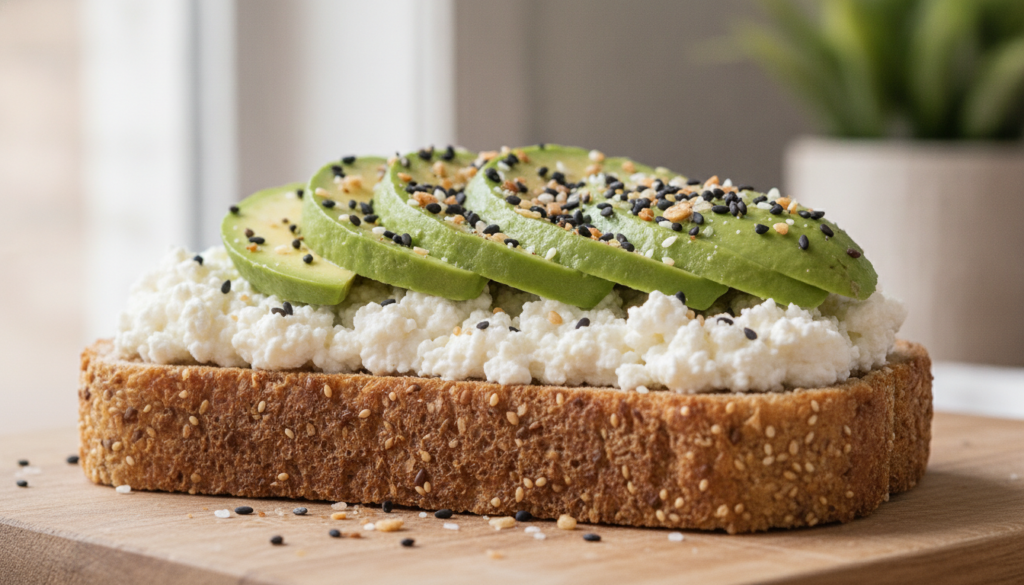 A close-up shot of cottage cheese toast A slice of golden-brown whole-grain toast is generously spread with creamy cotta