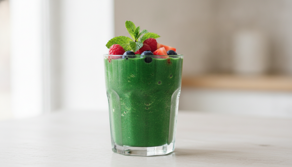 A tall glass filled with a vibrant green protein smoothie garnished with fresh mint and a few berries The smoothie is th