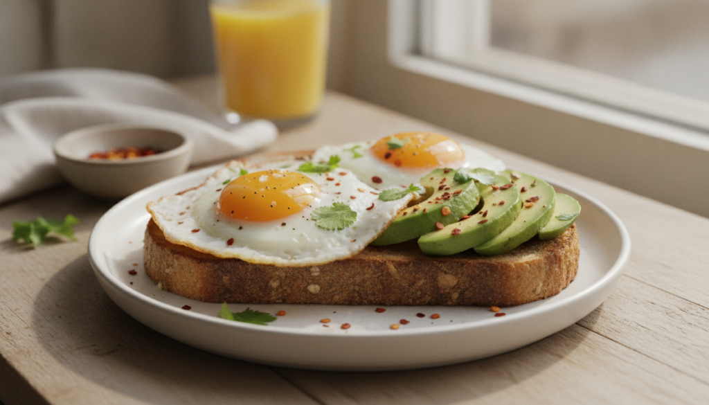 A beautifully plated slice of whole-grain toast topped with two perfectly fried eggs creamy slices of avocado and a spri