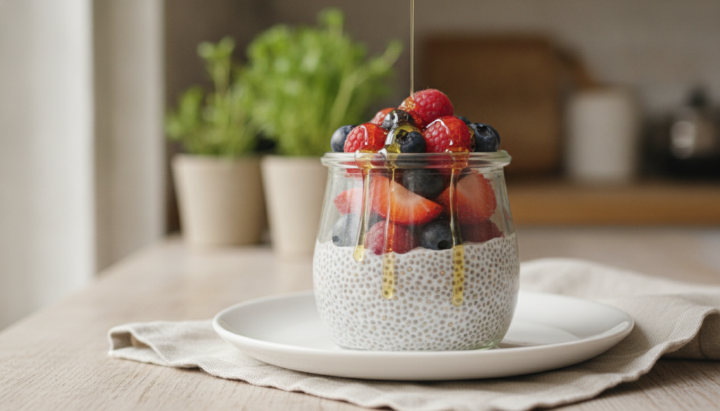 A small glass jar or bowl filled with creamy chia seed pudding layered with fresh berries and perhaps a drizzle of maple