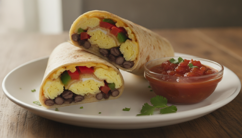 A neatly wrapped breakfast burrito sliced in half to reveal its flavorful filling of scrambled eggs black beans bell pep