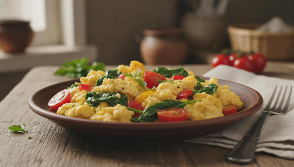 A plate of fluffy scrambled eggs mixed with colorful sautéed vegetables like spinach bell peppers and cherry tomatoes Th