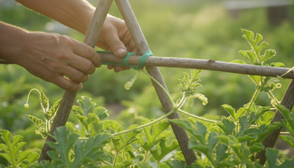 A close-up of a young watermelon vine being gently tied to a wooden A-frame trellis with soft garden ties The plant show