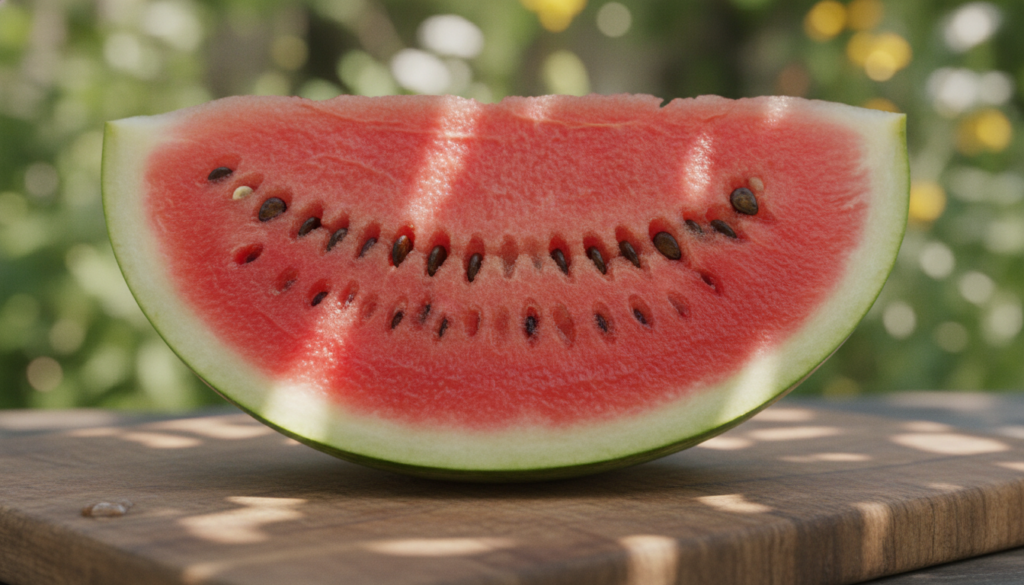 A close-up of a perfectly ripe sliced watermelon with bright red flesh black seeds and green rind sitting on a wooden cu