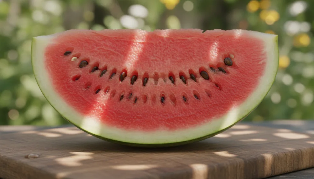 A close-up of a perfectly ripe sliced watermelon with bright red flesh black seeds and green rind sitting on a wooden cu