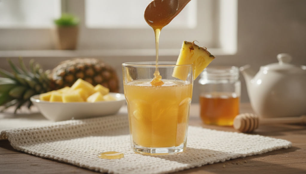 A glass of natural cough remedy made with pineapple juice honey and warm water garnished with a pineapple wedge and a sp