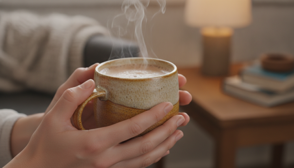 A warm mug of slippery elm and honey mixture emitting gentle steam held by hands in a comforting setting