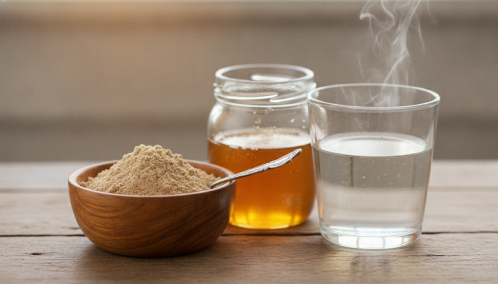 A close-up of slippery elm powder in a small bowl with a spoon next to a jar of honey and a glass of warm water all on a