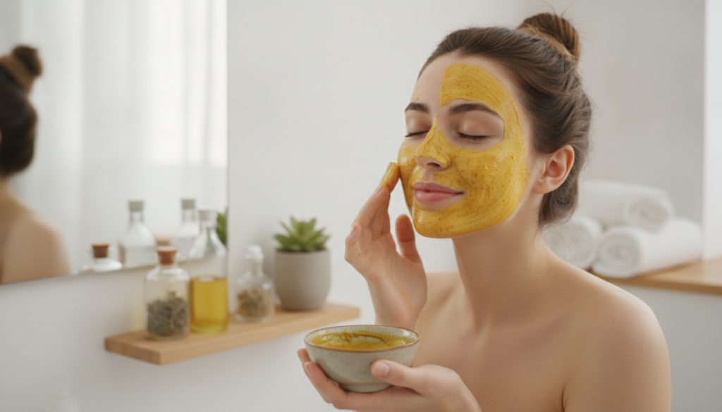 A woman gently applying a homemade face mask made with natural ingredients like aloe vera and turmeric to her cheek in a