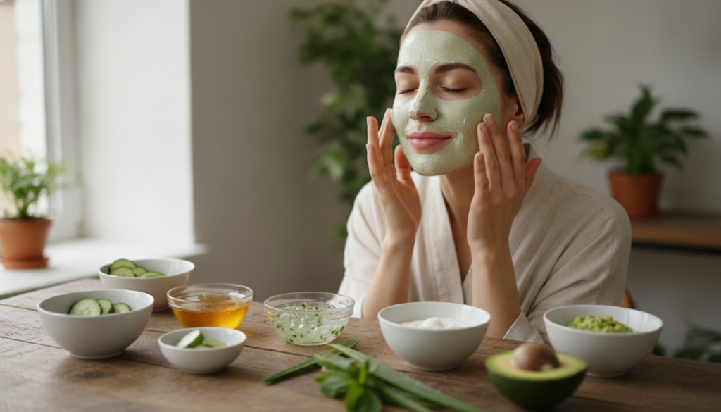 A woman applying a natural DIY face mask with fresh ingredients like honey aloe vera and yogurt visible in small bowls o