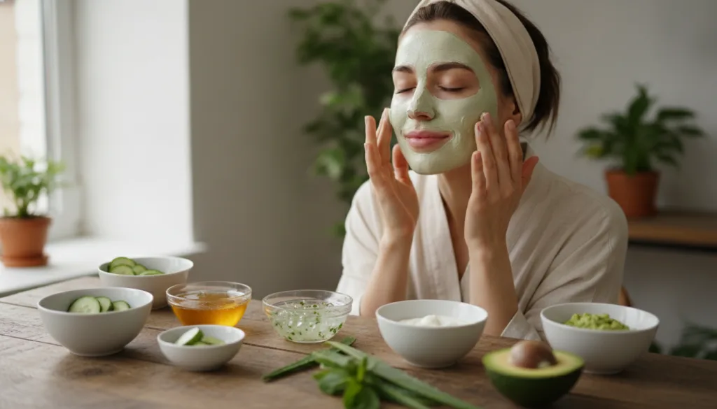 A woman applying a natural DIY face mask with fresh ingredients like honey aloe vera and yogurt visible in small bowls o