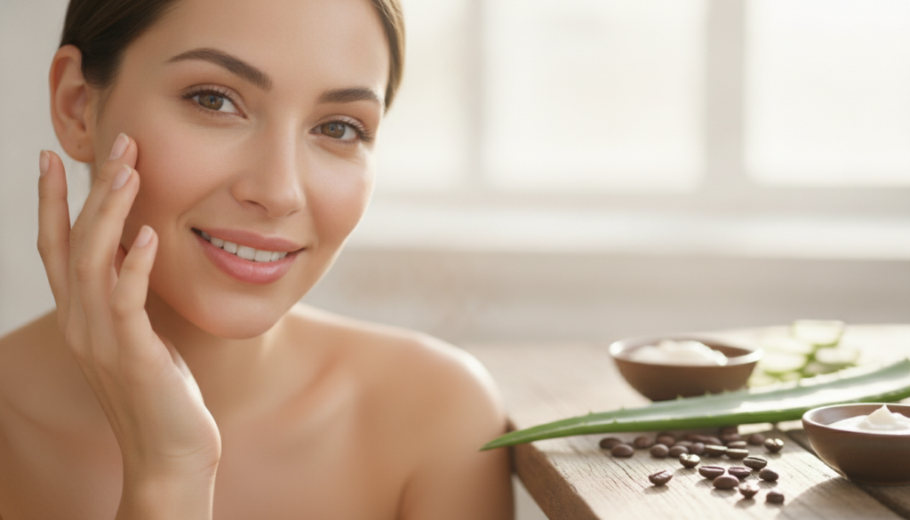 A woman gently touching her under-eye area looking refreshed with natural ingredients like coffee beans and an aloe vera