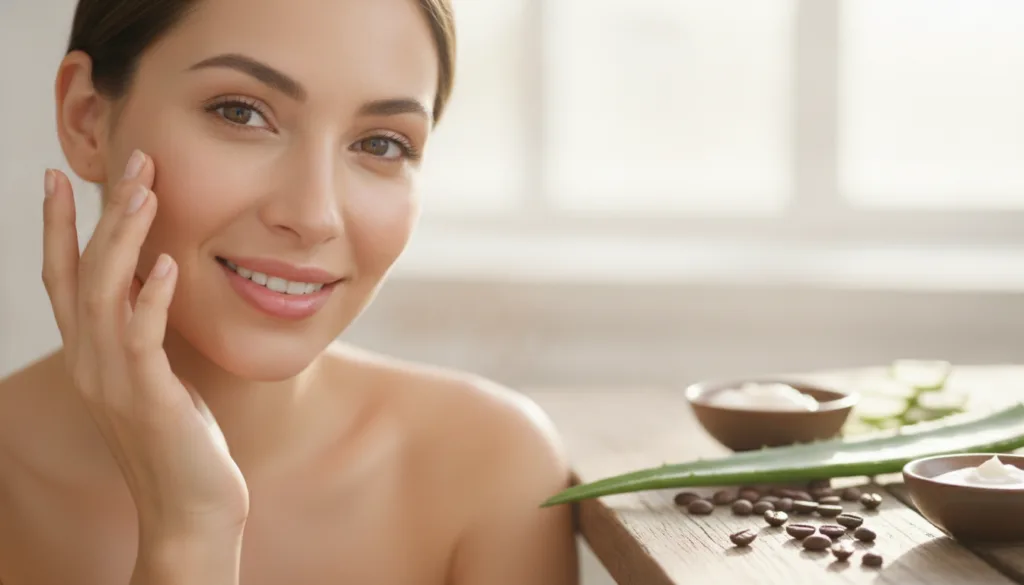 A woman gently touching her under-eye area looking refreshed with natural ingredients like coffee beans and an aloe vera