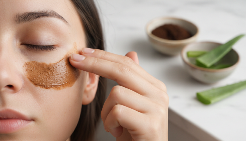 A close-up of a DIY coffee under-eye mask being applied to the delicate skin beneath an eye with coffee grounds and aloe
