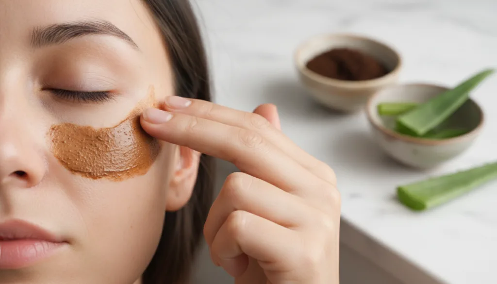 A close-up of a DIY coffee under-eye mask being applied to the delicate skin beneath an eye with coffee grounds and aloe