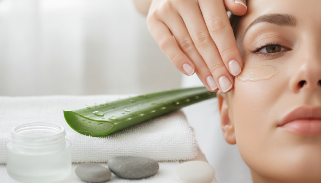 A hand gently massaging fresh aloe vera gel onto the under-eye area of a person with a cut aloe vera leaf visible in the
