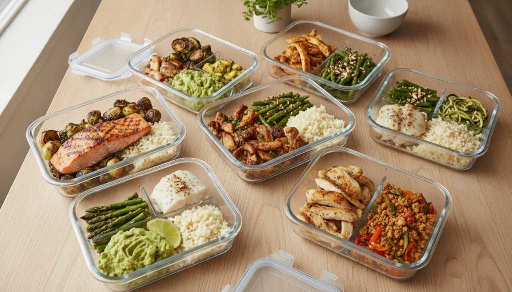 A variety of vibrant healthy low-carb meals prepped and stored in clear glass containers ready for the week showcasing c
