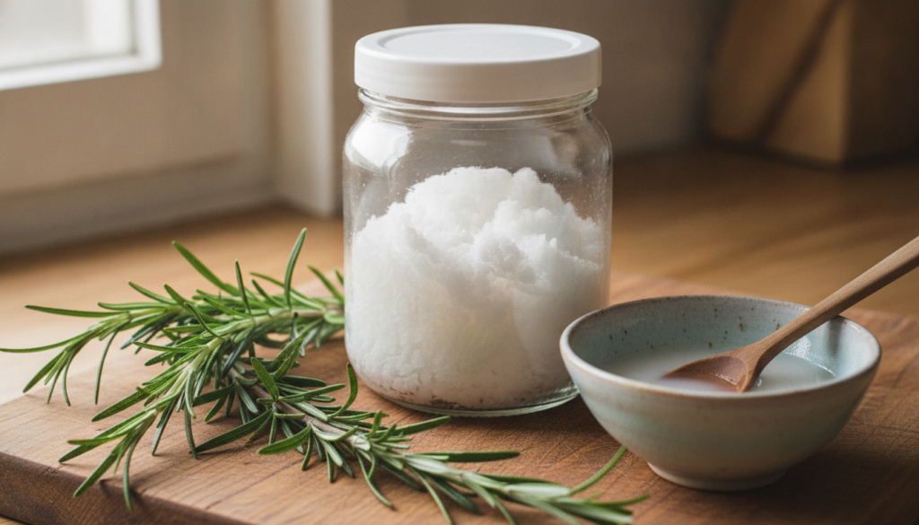 A close-up shot of fresh rosemary sprigs and a jar of virgin coconut oil with a small ceramic bowl and a wooden spoon su