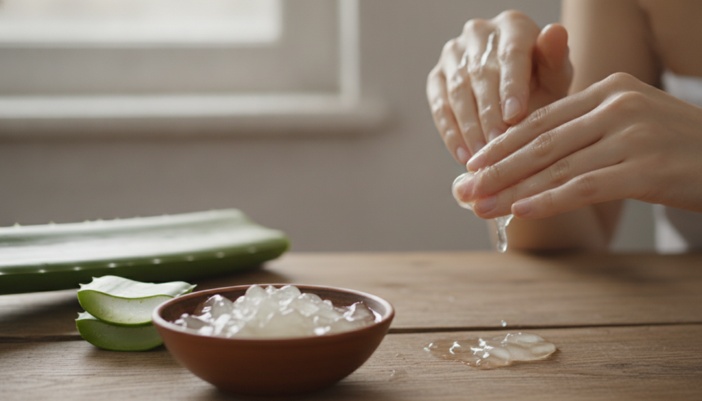 A close-up of a person applying a clear gel to their neck with an aloe vera leaf and a small bowl of gel visible in the 