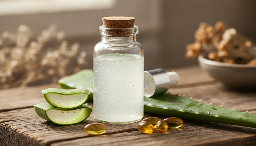 A small glass jar with a homemade aloe vera and vitamin E serum with an aloe leaf and Vitamin E capsules scattered aroun