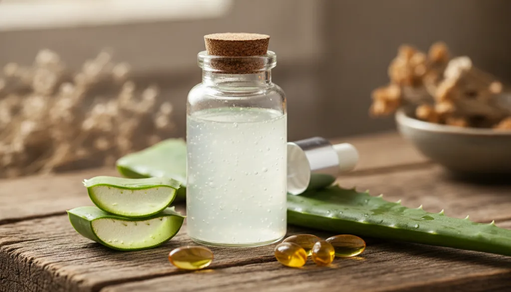 A small glass jar with a homemade aloe vera and vitamin E serum with an aloe leaf and Vitamin E capsules scattered aroun