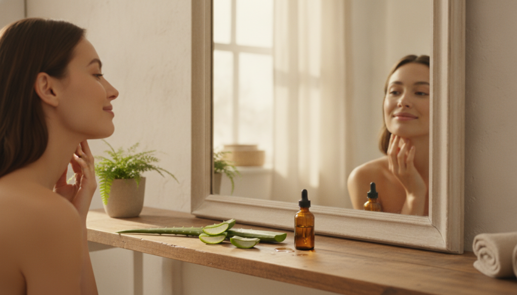 A woman gently touching her neck looking at her reflection with a soft smile implying natural anti-aging care On a count