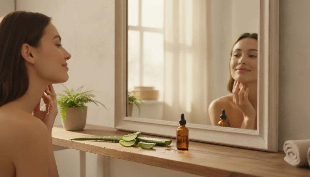 A woman gently touching her neck looking at her reflection with a soft smile implying natural anti-aging care On a count