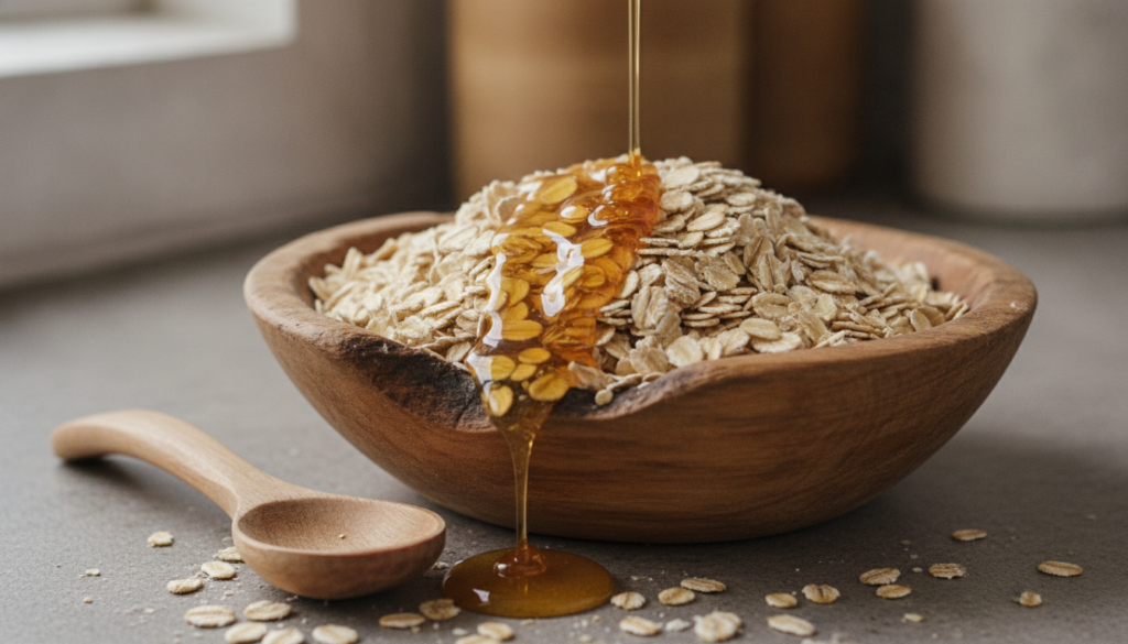 A close-up of a wooden bowl filled with rolled oats and a drizzle of golden honey with a small wooden spoon on a rustic 