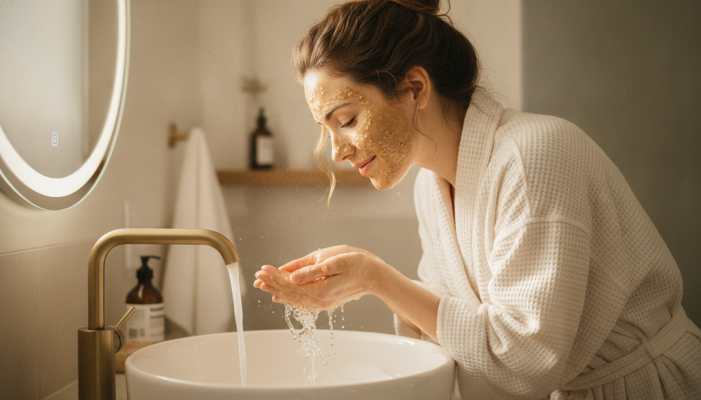 A woman with a glowing complexion gently rinsing off a homemade oat and honey face mask with lukewarm water