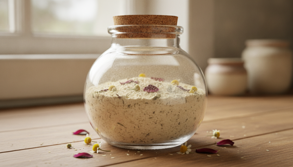 A close-up of a glass jar filled with the freshly made DIY herbal bath powder showing the mixed dry ingredients chamomil