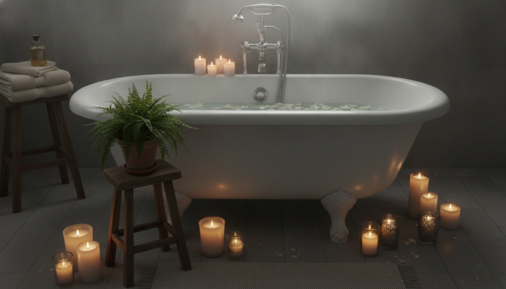 A serene bathroom scene with a bathtub filled with water soft candlelight and a small plant evoking a sense of calm and 
