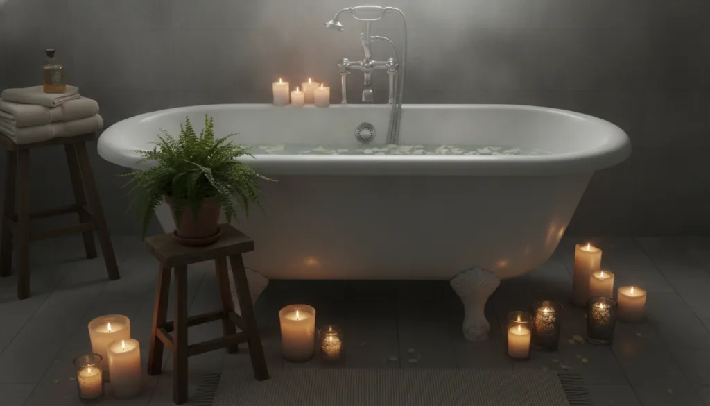 A serene bathroom scene with a bathtub filled with water soft candlelight and a small plant evoking a sense of calm and 
