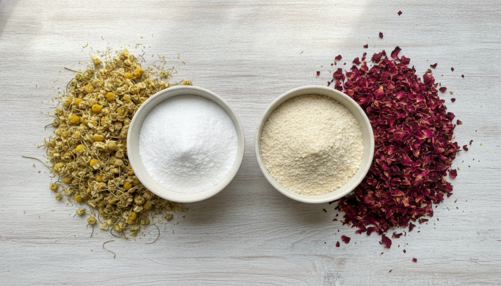 Various natural ingredients for a DIY bath powder including a bowl of baking soda a bowl of colloidal oatmeal dried cham