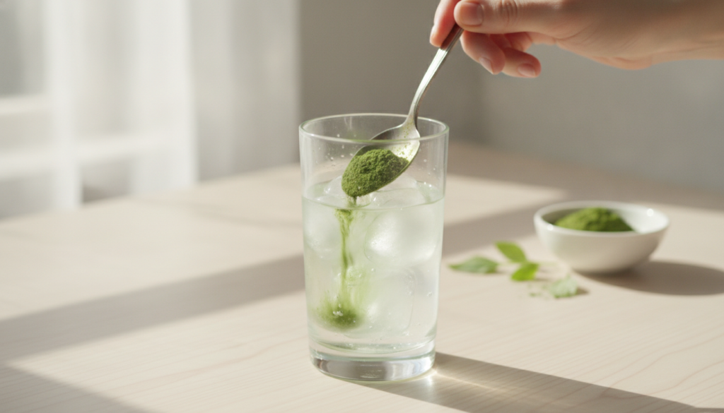 A person stirring a spoonful of green beauty powder into a glass of water or a smoothie
