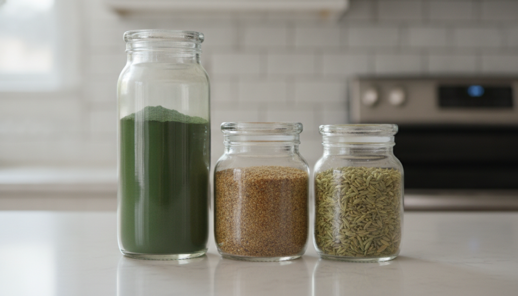 Various jars of green powder flaxseeds and fennel seeds on a kitchen counter ready to be measured and mixed