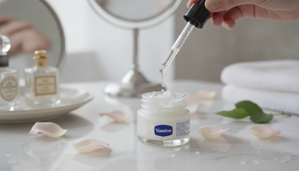 A small jar of Vaseline with a few drops of rose water being added from a dropper with a soft floral background