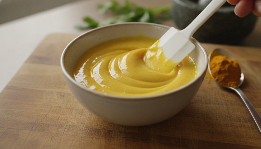 A small jar of Vaseline with yellow turmeric powder being mixed in showing the vibrant yellow color of the paste