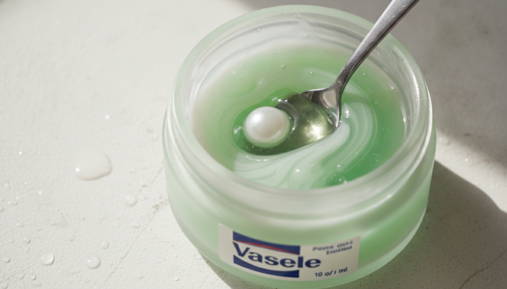 A small jar of Vaseline with green aloe vera gel being mixed in creating a smooth light green mixture