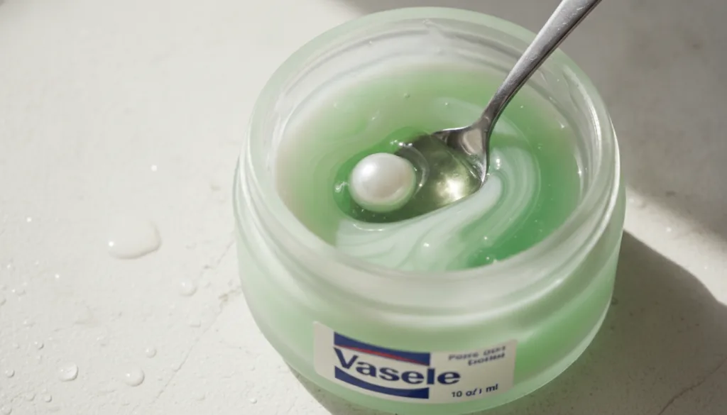 A small jar of Vaseline with green aloe vera gel being mixed in creating a smooth light green mixture