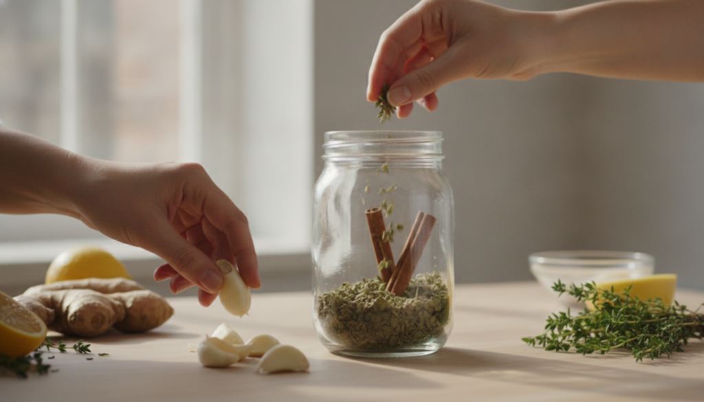 Hands preparing a homemade wellness infusion with garlic oregano and cinnamon in a glass jar