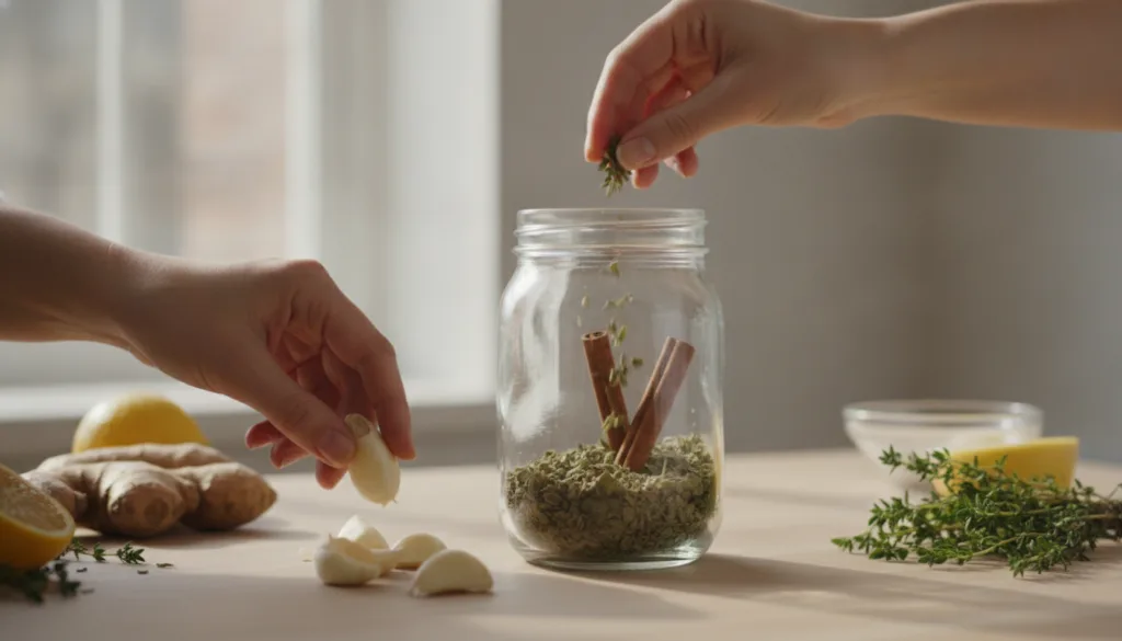 Hands preparing a homemade wellness infusion with garlic oregano and cinnamon in a glass jar