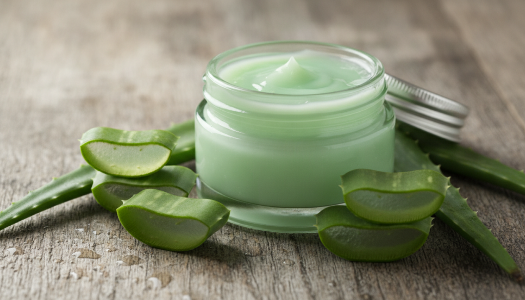 A close-up of a small glass jar filled with a creamy light green aloe vera beauty balm surrounded by fresh aloe vera lea