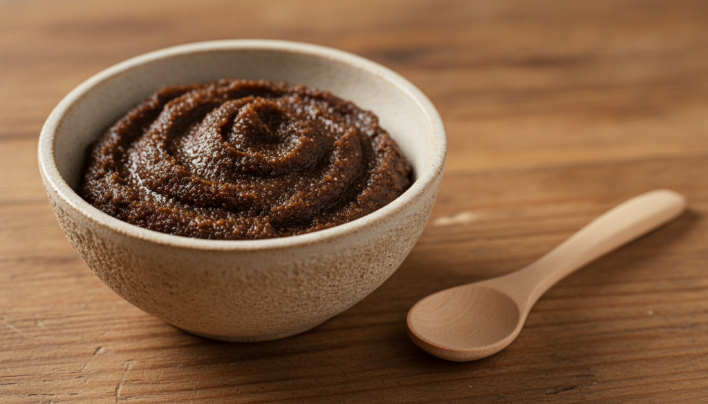 Close-up shot of a small bowl containing a homemade coffee lip scrub with a tiny spoon next to it on a natural wooden su