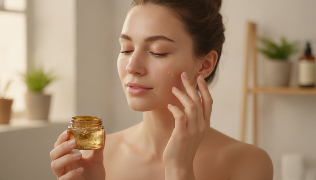 A woman gently applying a small amount of the DIY jelly to her face before bed Her skin looks soft and radiant and her e