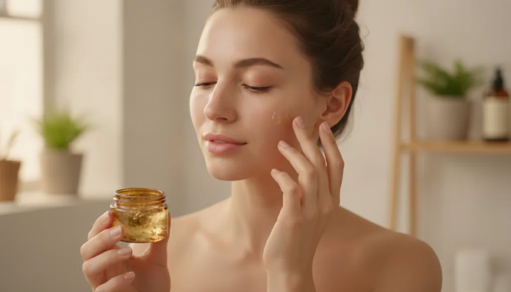 A woman gently applying a small amount of the DIY jelly to her face before bed Her skin looks soft and radiant and her e