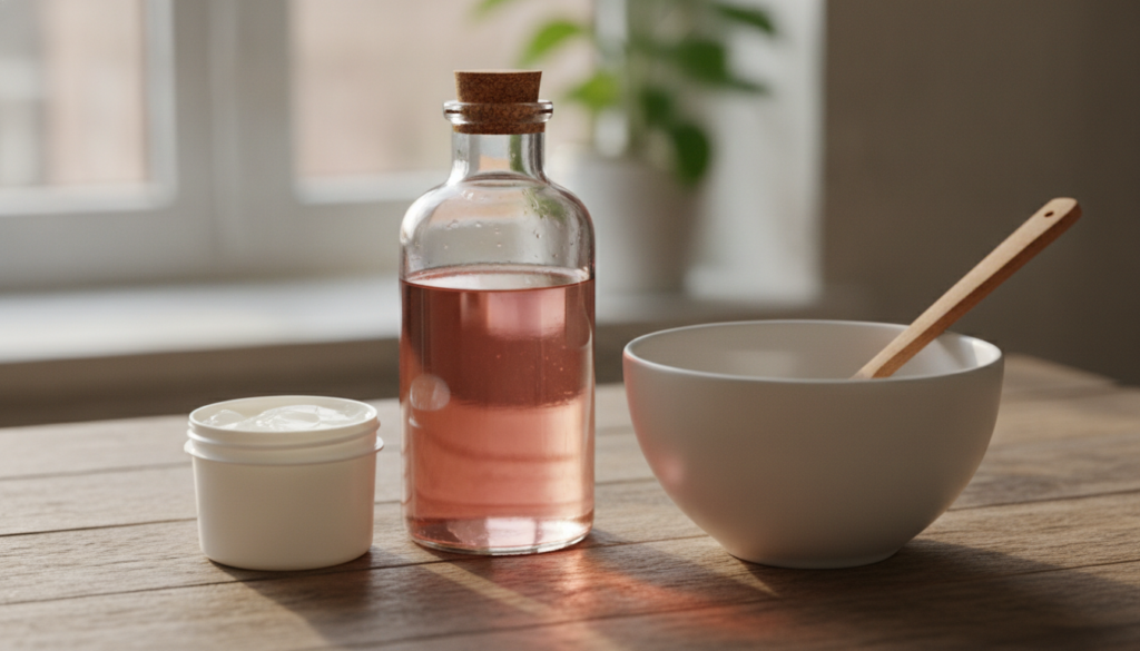The ingredients for the DIY jelly a bottle of rose water a tub of Vaseline and a small mixing bowl with a spoon arranged